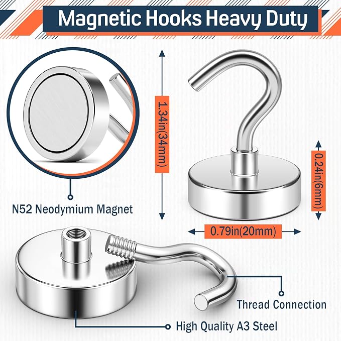 FINDMAG 10 Pack Cruise Magnetic Hooks, 50LB+ Magnet Hooks, Silver | Heavy Duty Magnetic Hooks for Cruise Cabins, Office, Tool, Grills, Classroom, Kitchen, Neodymium Magnetic Wall Hooks - Image 7