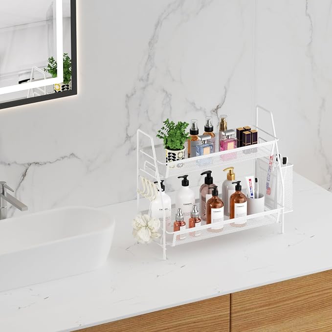 VITVITI 2 Tier Bathroom Countertop Organizer, Vanity Storage Shelf, White | Bathroom Counter Organizer, Vanity Makeup Tray Shelf, Kitchen Spice Rack, Metal Wire Mesh, with Basket Hooks - Image 3