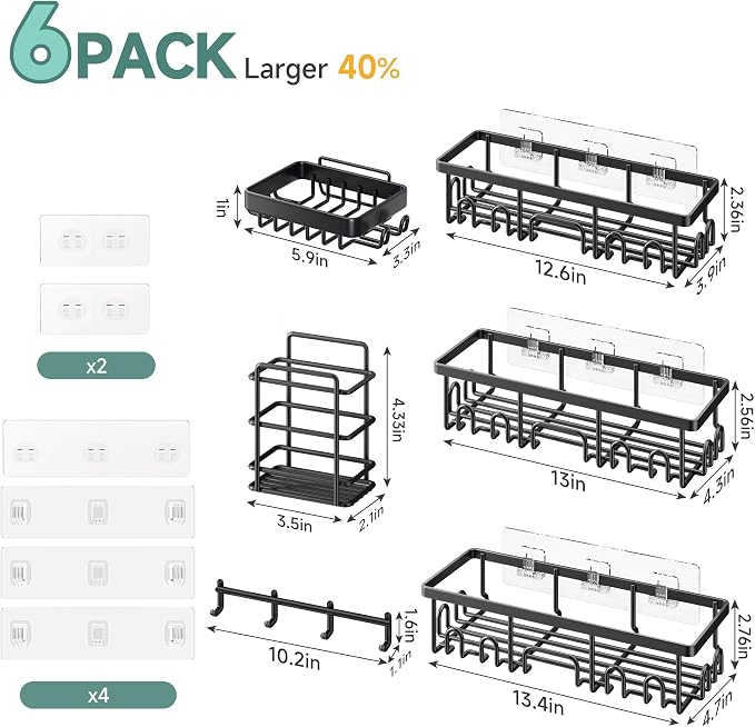 Veken Shower Caddy 6-Pack with Hooks, Bathroom Organizers & Storage, Black | Advanced Rustproof Design, Large Capacity, No Drilling, Adhesive Shelves Rack, Wall-Mounted Kitchen & Home Decor - Image 8