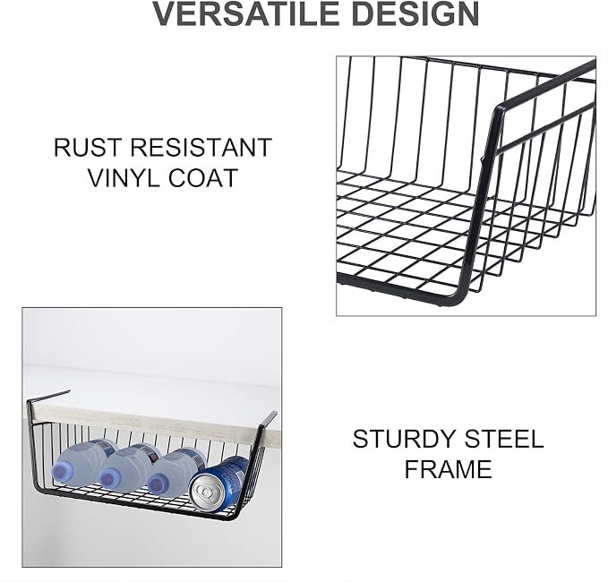 Under Shelf Basket 2 Pack Pantry Shelf Organizer White Metal Cabinet Shelf | Creates Instant Storage Under Existing Shelves Heavy Duty Metal Holds 22 lbs No Installation Pantry Cabinet Closet Organizer - Image 6