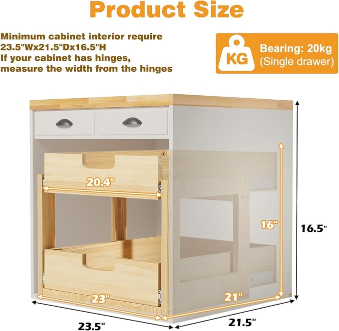 Pull Out Cabinet Organizer, 23''W×21''D Sliding Drawers for Cabinets, 2 Tier Soft Close Slide Out Wooden Pull out Drawers, Base Cabinet Organization for Kitchen, Pantry, Bathroom - Image 3