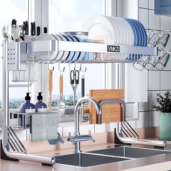 VNKZI Over Sink Dish Drying Rack, 2 Tier Full Stainless Steel Storage Adjustable Length (25.98'' to 36.61'') Kitchen Rack, Multifunctional Expandable Counter Organizer, Space Saver Dish Rack by VNKZI