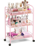 TOOLF 3 Tier Rolling Cart, Metal Utility Storage Cart with Wheels, Pink | 3 Hooks, Screwless Assembly, Trolley Organizer for Bathroom, Kitchen, Office, Nursery, Dorm, Laundry Room by TOOLF