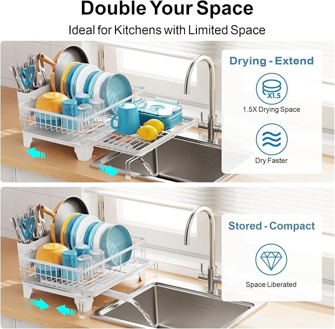 Expandable Dish Drying Rack - Countertop with Sink Extension, White | 12.6"-22.4" Adjustable Length, Extra Drying Space, Auto-Drain Spout, Large-Capacity, Removable Utensil Holder, Rust-Resistant - Image 2
