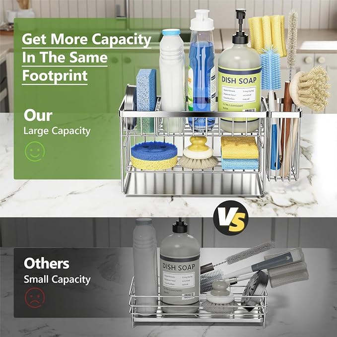 Cisily Silver 2-Tier Kitchen Sink Caddy Organzier Rack with Flexible Dish Brush Holder, Sponge Holder for Kitchen Sink Countertop Organization Storage,Home Decor Stainless Steel - Image 2