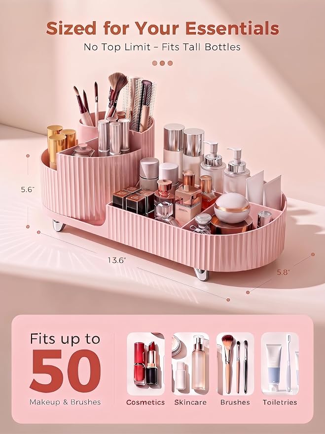 Booklov Rotating Makeup Organizer for Vanity Countertop, Pink | Plastic Cosmetic Display Case, Large Beauty Brush Holder for Bathroom Counter, Skin Care Perfumes Storage - Image 2