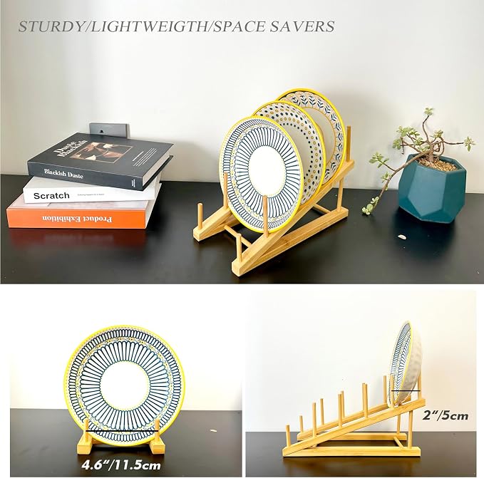 Plate Stands For Display, Wooden Plate Rack Dish Stand Holder | 5-Tier Display Stand for Book, Art Print, Puzzle, Cutting Board, Pot Lid Rack and Kitchen Cabinet Organizer (1 Pack) - Image 4