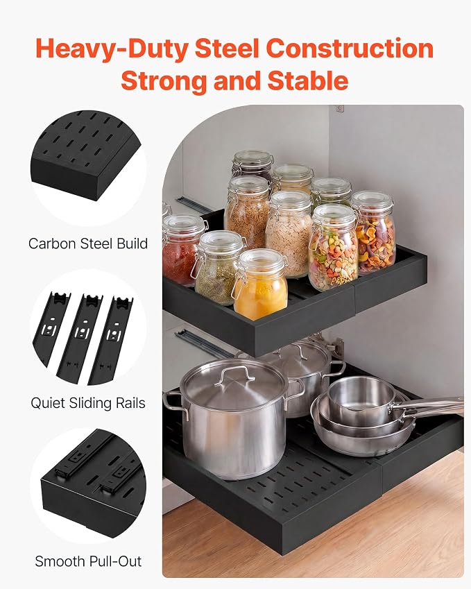 VEVOR Pull Out Cabinet Organizer, 4 Pack Expandable Width (12.2"-18.9"), 20.47" Deep Pull Out Drawers for Cabinets, Sliding Drawer for Kitchen Pantry Cabinet Organizer with Nano Adhesive Strips, Black - Image 4