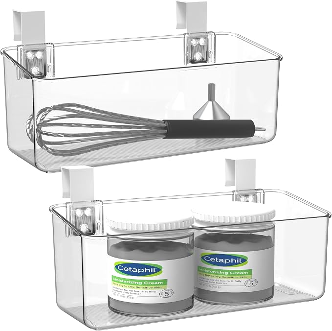 2 Pack Plastic Over Cabinet Door Organizer with Removable Hooks, Clear Hanging Baskets for Organizing Over the Cabinet Organizer Holder for Kitchen, Bathroom-Hang Outside or Inside Door-M by vacane