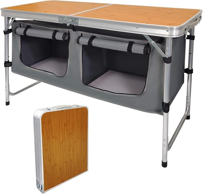 Folding Camping Table with Storage Lightweight Camp Tables Portable Indoor/Outdoor Collapsible Table Height Adjustable Camp Kitchen Perfect for Picnic, Beach, Travel, Tailgating, Backyards, BBQ, Party by HYMnature