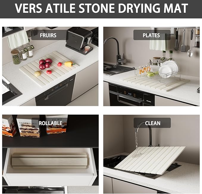 Stone Dish Drying Mats for Kitchen Counter, Large 23.6"L x 15.4"W Foldable Diatomite Dish Stone Drying Mat, Quick Dry xEtra Fast Absorbent Roll Up Rack, Foldable Stone Dish Drying Mat - Image 6