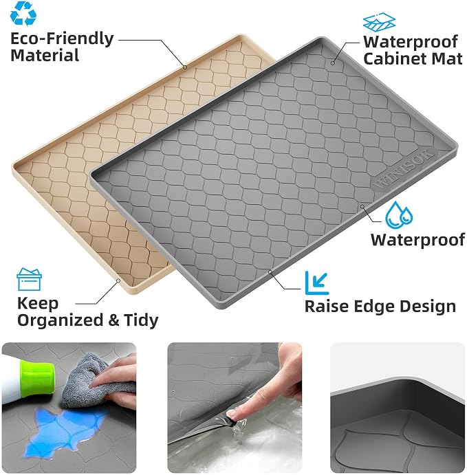Winisok Waterproof Under Sink Mat 28" x 19", Silicone Mat, Black | Raised Edge Traps Spills & Leaks, Shelf Liner, Cabinet Protector, for Kitchen, Bathroom, Boots, Pets, Home Essentials - Image 2
