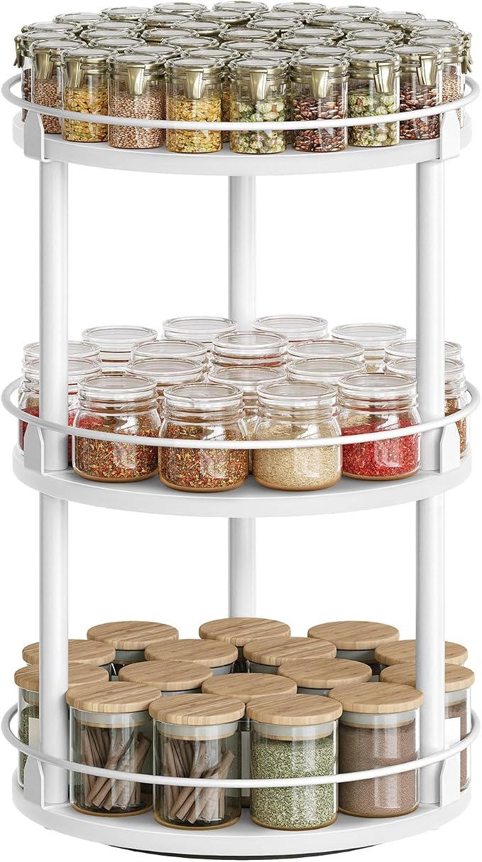 Lazy Susan Organizer, Rotating Spice Rack, 3 Tier Spice Turntable Organizer, Industrial Turntable Spice Holder, for Kitchen Countertop and Cabinet, Compact and Versatile, White SR23WW - Image 9