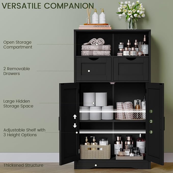 Iwell Storage Cabinet with Doors & Shelves, Kitchen Pantry Cabinet, Bathroom Cabinets for Living Room, Kitchen, Laundry, Black - Image 5