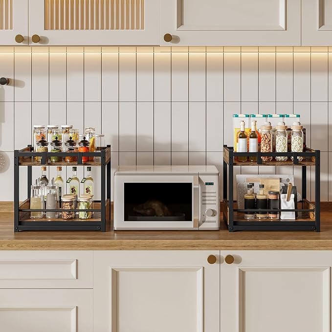 HOOBRO Kitchen Countertop Organizer, Corner Shelf Organizer, 2-Tier Spice Rack with Pull-Out Shelf and Hooks, for Kitchen, Office, Study, Bedroom, Living Room, Rustic Brown and Black BF08TL01 - Image 2