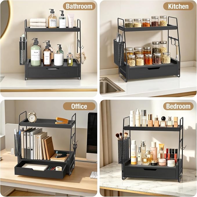 2-Tier Bathroom Counter Organizer with Drawer, Wood Counter Storage Shelf | Bathroom Vanity Organizer Countertop for Makeup, Skincare, Perfume, with Removable Basket, 13.4" x 7.9" x 14.5", Black - Image 7
