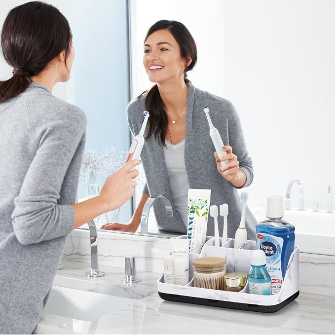 GFWARE Marble Bathroom Countertop Organizer - Detachable 7 Slots Kids Electric Toothbrush and Toothpaste Holde Drainage for Bathroom Accessories Organization Counter Vanity Storage, Black | Detachable 7 Slots Kid Electric Toothbrush and Toothpaste Hold... - Image 2
