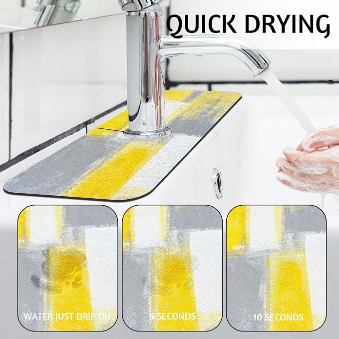 MCALK Yellow Kitchen Sink Faucet Mat Splash Guard, Absorbent Quick-Dry Kitchen Sink Mat - Ideal for Splash Guard & Drip Catching with Abstract Art Decor( 1pc 15"x5.5") - Image 2