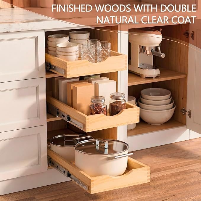 2 Set Wooden Pull out Cabinet Organizer Fully Assembled Slide out Pantry Drawer with Gentle Close Storage Shelf Tray for Base Kitchen Under Sink Bathroom (Wood Color,14'' X 21'' X 3'') - Image 4