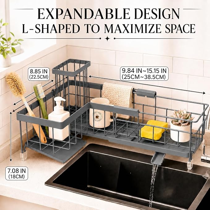 Extendable Corner Sink Sponge Holder, Quick-Drain Caddy for Kitchen Sink, Grey - Image 2
