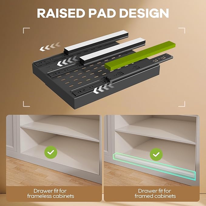 Seinloes 4 Pack Pull Out Cabinet Organizer 21" Deep with Raising Pad for Framed Cabinets, Expandable (9"-14" W) Slide Out Drawers for Kitchen Cabinets with 4pcs Divider Racks, Roll Out Shelves, Black - Image 2