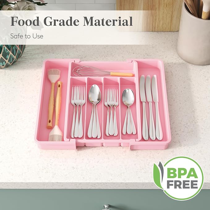 Lifewit Silverware Drawer Organizer, Expandable Utensil Tray for Kitchen, BPA Free Flatware and Cutlery Holder, Adjustable Plastic Storage for Spoons Forks Knives, 8.5"-14.1" x 12.1", Pink - Image 6