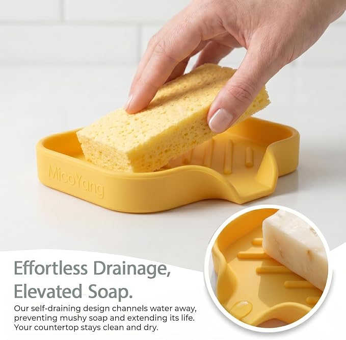 MicoYang Silicone Soap Dish with Drain Spout, Self-Draining Sink Organizer Tray for Bathroom and Kitchen, Sponges, Dispensers and Soap Holder, Non-Slip & Dishwasher Safe, Yellow (Compact, 4.9"×3.2") - Image 7