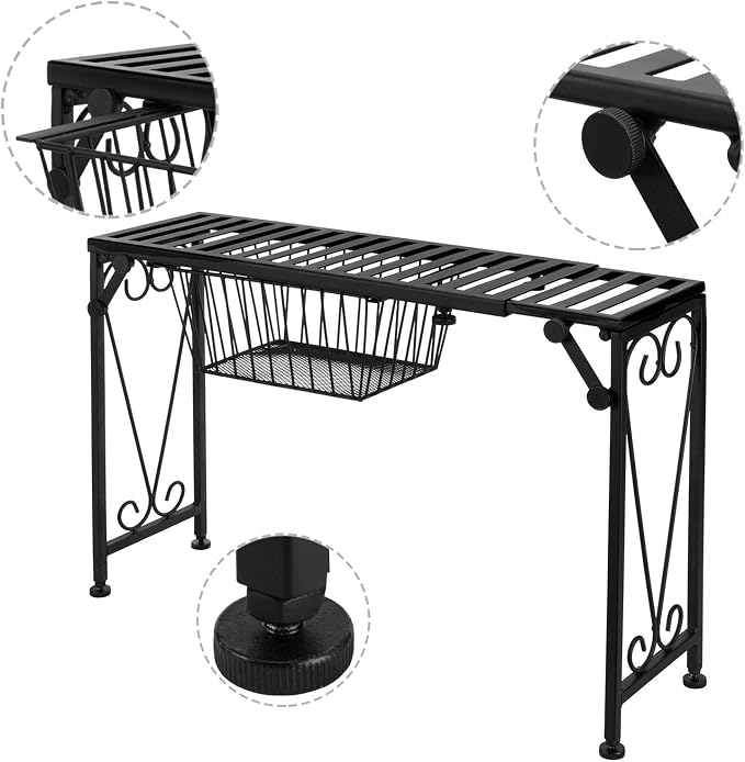 MyGift Expandable Black Metal Over Sink Shelf with Pull Out Drawer | Kitchen & Bathroom Organization, Countertop Space Saver, Adjustable Design, Hidden Drawer, Decorative Scrollwork Accent - Image 6
