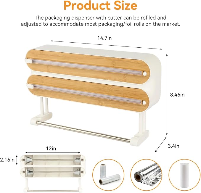 Kitchen Plastic Wrap Dispenser with Cutters Organizer, 3 in 1 Magnetic Foil and Plastic Wrap Organizer with Paper,Sliding Cutter, Fridge Or Wall Mount Storage - Image 2