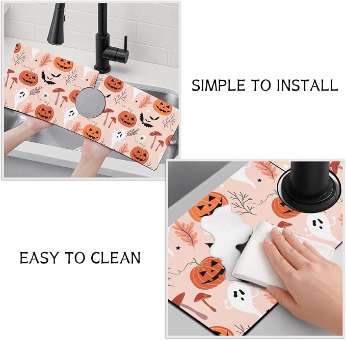 Halloween Kitchen Sink Splash Guard Faucet Mat,Pumpkin Plants Ghost Bat Halloween Faucet Non-Slip Absorbent Mat,Farmhouse Sink Splash Guard Behind Faucet for Kitchen Bathroom,15"x5.5" - Image 4