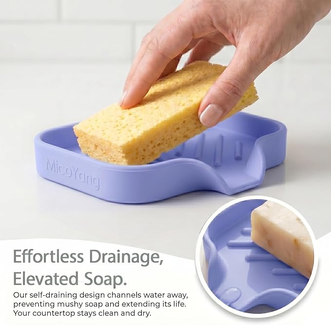 MicoYang Silicone Soap Dish with Drain Spout, Self-Draining Sink Organizer Tray for Bathroom & Kitchen, Sponges, Dispensers & Soap Holder, Non-Slip & Dishwasher Safe, Light Purple (Compact, 4.9"×3.2") - Image 7
