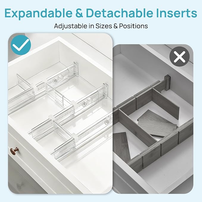 Vtopmart 2.36" Drawer Dividers with Expandable Inserts, 12.8"-22.3", 6 Pack | Adjustable Kitchen Drawer Organizer, Clear Organizer Separator for Flatware, Utensil, Cutlery, 6 Dividers with 10 Inserts - Image 9