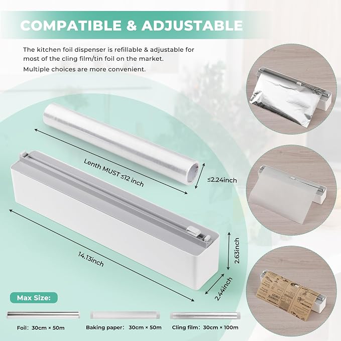 Magnetic Plastic Wrap Dispenser with Cutter - Quasziwa Upgrade Practical Refillable Cling Wrap Aluminum Tin Foil Organizer for Drawer, Include an Extra Roll of 12"X 164' Food Cling Film - Grey - Image 5