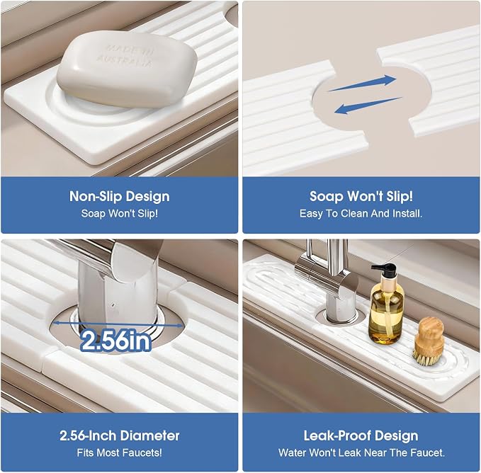 Kitchen Sink Faucet Mat, Water Absorbent Diatomite Stone Sink Tray, Diatomite Fast-Drying Faucet Mat, Prevents Moisture Buildup, Durable Protector for Bathroom Counter, White, 15.8" x 4" - Image 5