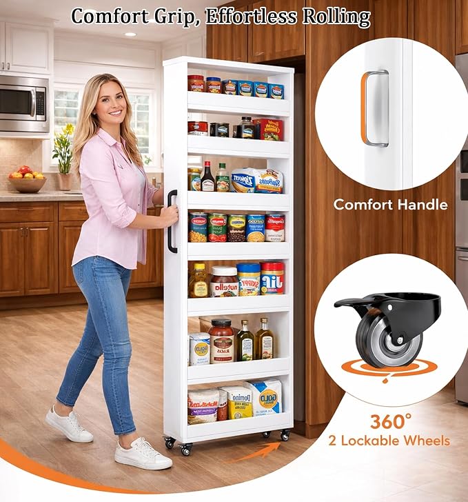 Beside Fridge Storage Slim Tall Cabinet - 7-Tier Tall Narrow Kitchen Pantry Pull Out Storage Cabinet Next To Fridge, Rolling Cart For Kitchen, Dorm, Bathroom, Laundry & Office (White, 23.6 in) - Image 5