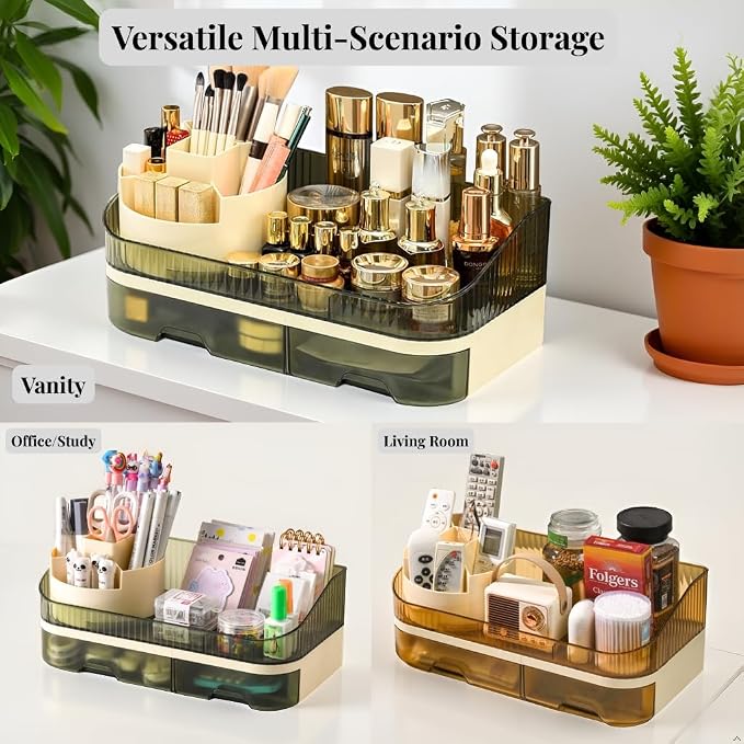 Makeup Organizer Countertop with Dual Drawers | Plastic, Vanity Bathroom Desk, 360° Rotating, Easy Clean, Cosmetic Skincare - Image 6