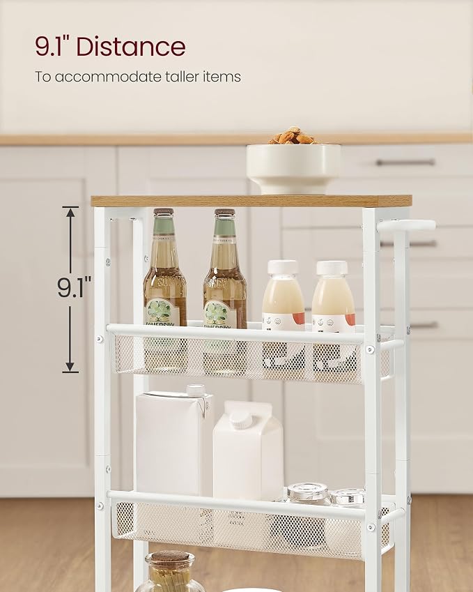 VASAGLE Slim Rolling Cart, 4-Tier, 5.1 Inches Deep, Steel Frame | Storage Cart with Handle, Narrow for Kitchen, Living Room, Golden Oak and Matte White, DACEY Collection ULRC032W09 - Image 6