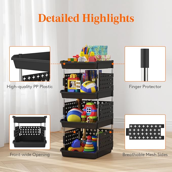 Lifewit 4 Tier Plastic Stackable Storage Baskets for Clothes 1 Pack, Black | Stacking Bins for Food, Multifunctional Organizer for RV, Kitchen, Playroom, Pantry and Bathroom - Image 6