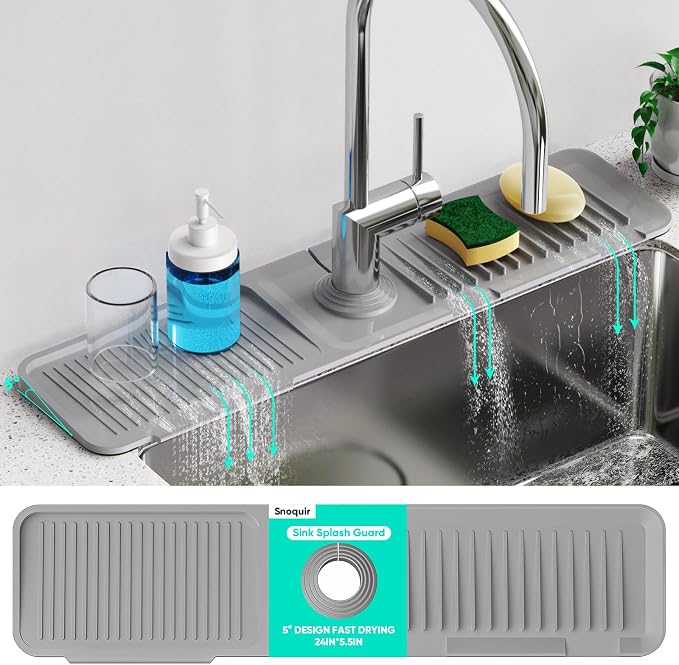 24 Inch Longer Faucet Mat for Kitchen Sink [5° Slope Fast Self-draining]Bathroom Kitchen Sink Splash Guard Silicone Sinks Faucet Mat Splash Guard for Kitchens Sinks Area Tidy Splashs Draining Mats by Snoquir
