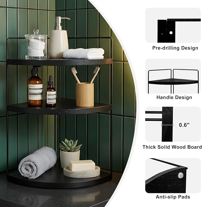 Corner Bathroom Counter Organizer Countertop Black, 3-Tier Corner Shelf Wood Vanity Tray Easy Assembly Space Saving Shelf for Kitchen, Bathroom, Dresser, Makeup, Office - Image 6