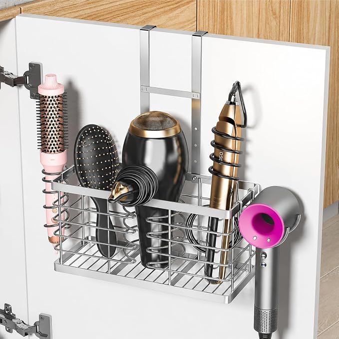 2026 Upgraded 3-in-1 Universal Hair Tool Organizer, XL Size, Sliver | Adjustable Height Metal Hair Dryer Holder, Wall Mounted, Over Cabinet Door, Countertop, Bathroom Storage by Sevenblue
