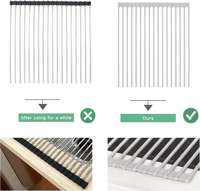 Roll Up Dish Drying Rack Over Sink, 17.5" x 13" Silicone Coated Stainless Steel Sink Drying Rack, Foldable Dish Drainer Rack for Kitchen Counter, Heat Resistant, Non-Slip, Space Saving, Gray - Image 7