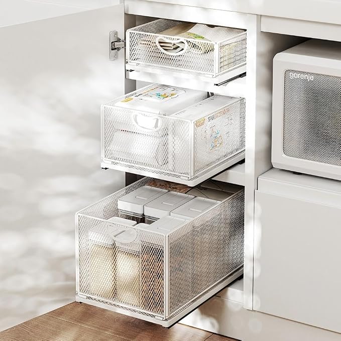 2 Pack Pull Out Cabinet Organizer, No Drill Adhesive Sliding Drawers for Kitchen, Metal Mesh Wire Storage Shelf for Pantry & Under Sink, White (9.6" W x 15.7" D x 3.9" H) - Image 9