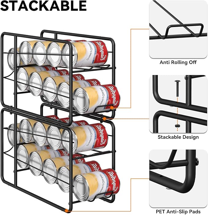 MOOACE 4 Pack Can Organizer for Pantry, Stackable Soda Can Dispenser Rack | Kitchen Canned Food Storage, Beverage Soup Cans Holder Drink Organizer for Cabinet Fridge, Black - Image 4
