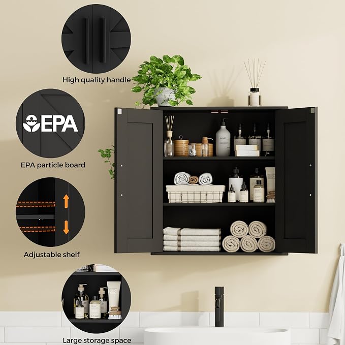 Homleke Bathroom Wall Cabinet, Medicine Cabinet with Adjustable Shelves | 3-Tier Wall Mounted Over Toilet Storage with Barn Doors, for Bathroom, Kitchen, Entryway, Laundry Room, Black, (7.9" D) - Image 4