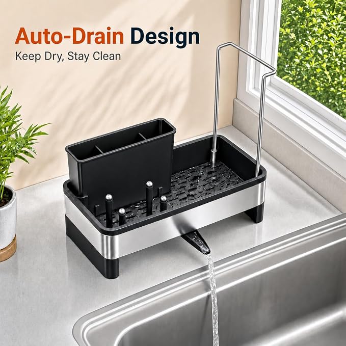 Laveshop Sponge Holder for Kitchen Sink, Rustproof Stainless Steel Sink Caddy with Auto-Drain, Removable Brush Holders, Soap and Dishcloth Organizer, Black - Image 3