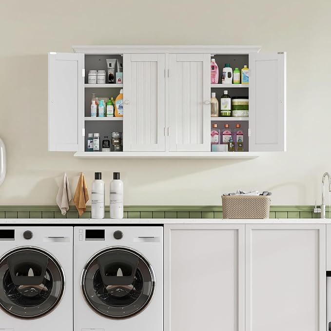 ChooChoo Laundry Cabinet with 4 Doors and Adjustable Shelves | 9.06"D x 40.9"W x 24"H, Bathroom Wall Cabinet, Cupboard, White - Image 4
