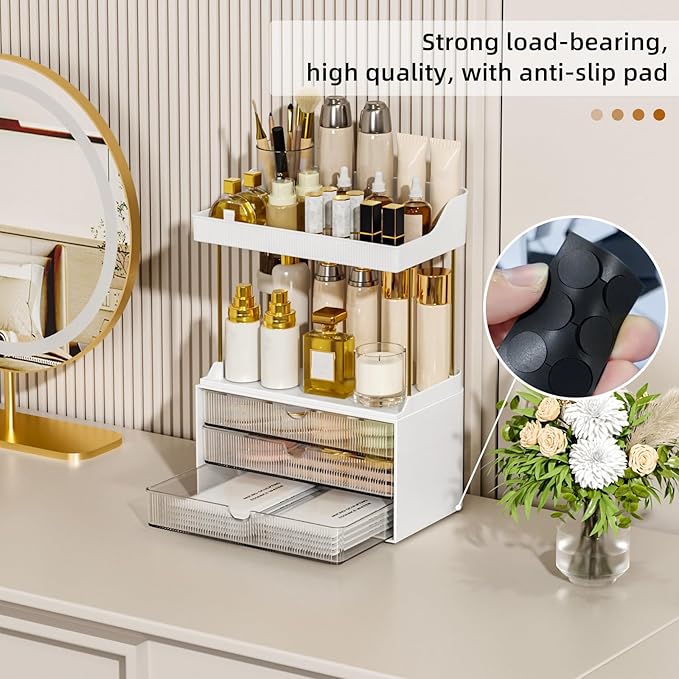 StorBin Arcylic 5-Tier Makeup & Skincare Organizer for Vanity, Bath, 2 Sets | Smooth 3 drawers, clear body, gold frame, non-slip, for perfumes, serums, face masks, palettes, vanity & bath counter,Clear - Image 3