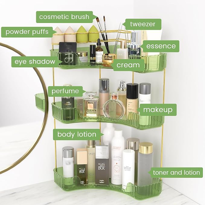 Makeup Organizer 3 Tier Bathroom Counter Organizer with Makeup Brush Holder | Corner Bathroom Organizer Countertop, Acrylic Counter Storage for Bathroom Dresser, Skincare Perfume Organizer- Green - Image 5