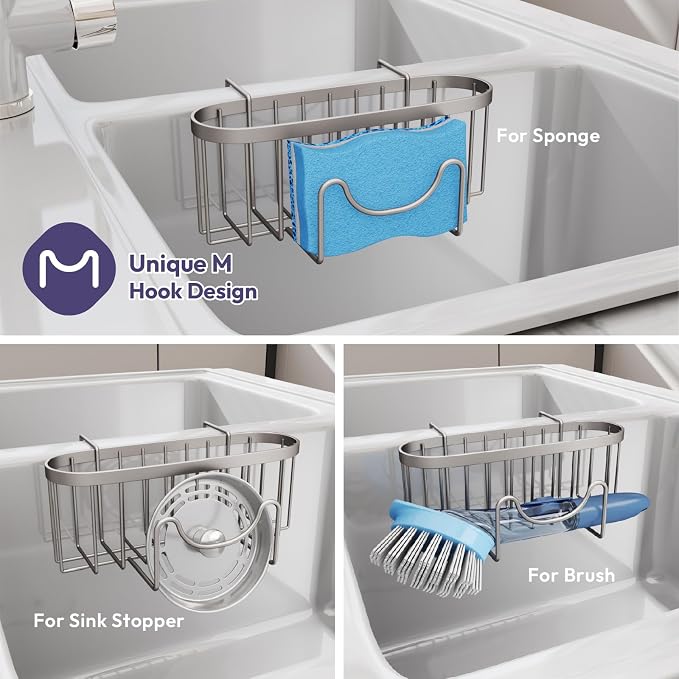 SWTYMIKI Sponge Holder for Kitchen Sink - Movable Kitchen Sink Caddy with M Hook Stainless Steel Hanging Sponges Caddy Organizer in Double Bowl Sinks Depth>3.15in, Middle Divider<1.5in, Sand Nickel L - Image 3